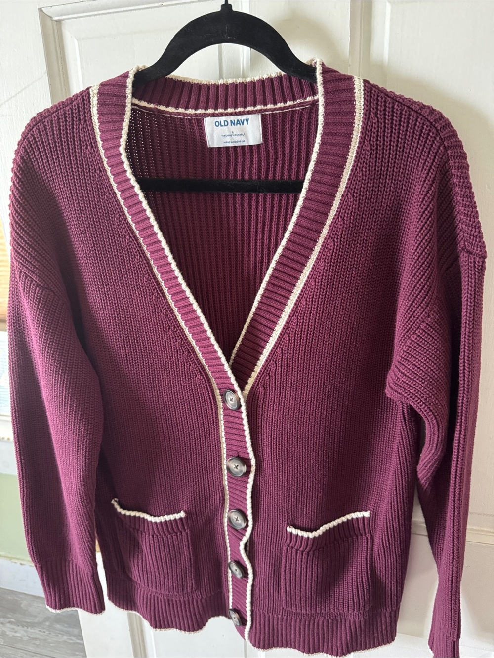 Old Navy Plum Button-Front Cardigan with Cream Trim